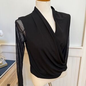NWT Tahari Black Mesh Sleeve Wrap Front Draped Neck Top XS